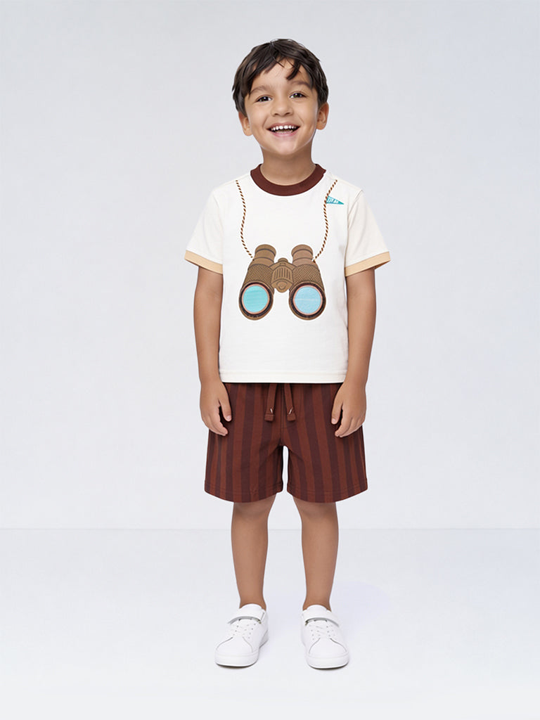 HOP Kids Boys Brown Printed Cotton T-Shirt and Shorts Set