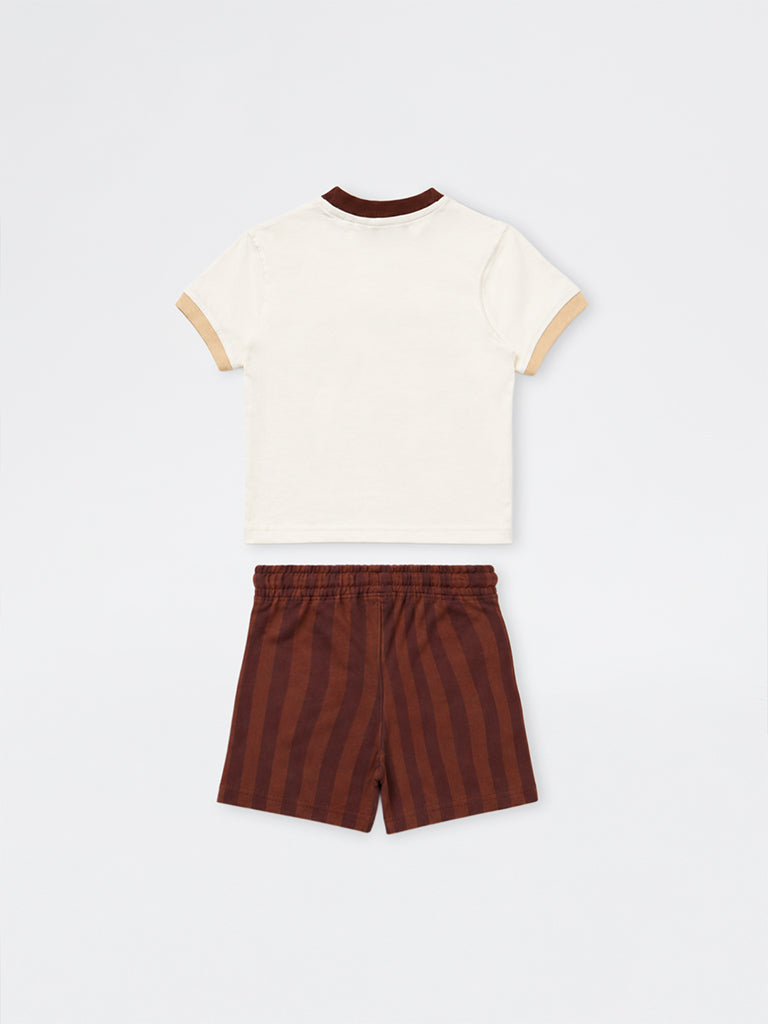 HOP Kids Boys Brown Printed Cotton T-Shirt and Shorts Set