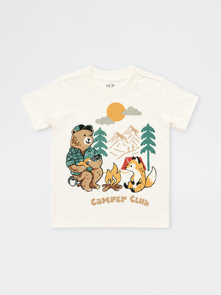 HOP Kids Boys Off-White Camping-Inspired Embossed Cotton T-Shirt