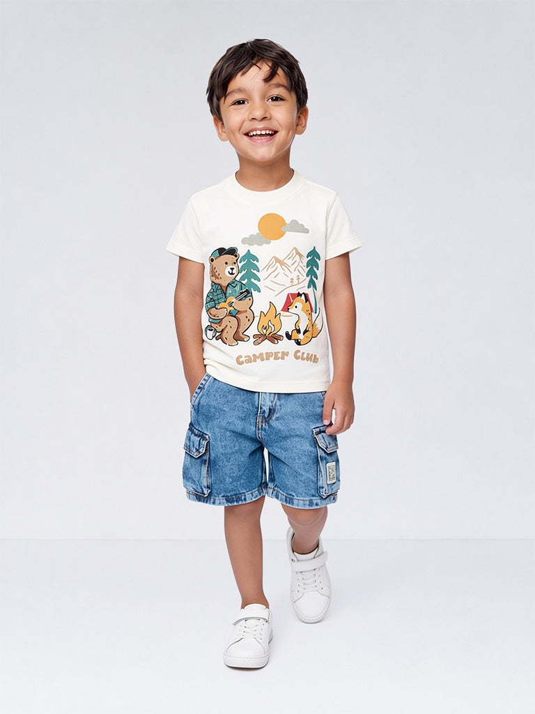 HOP Kids Boys Off-White Camping-Inspired Embossed Cotton T-Shirt