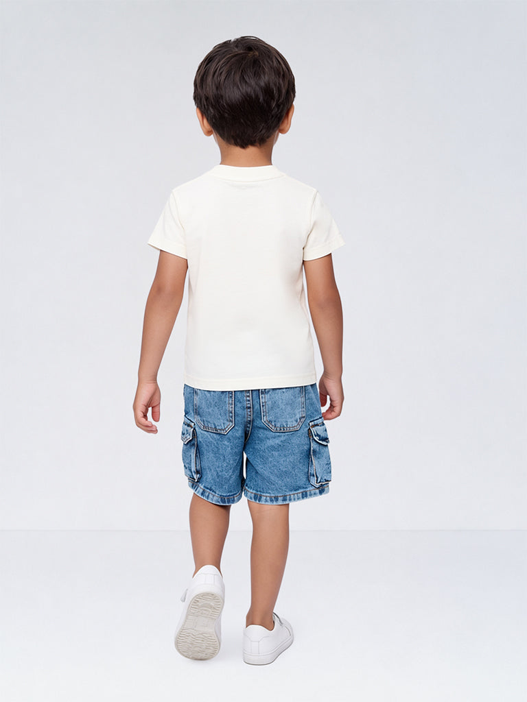 HOP Kids Boys Off-White Camping-Inspired Embossed Cotton T-Shirt