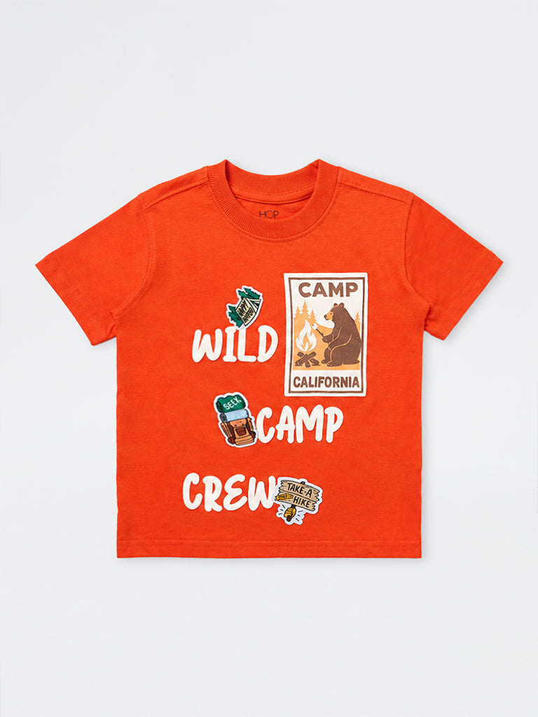 HOP Kids Boys Dark Orange Camping-Inspired Cotton T-Shirt