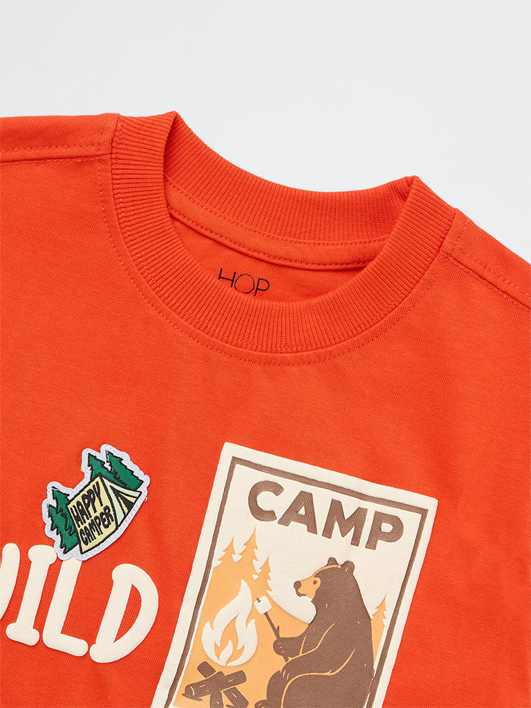 HOP Kids Boys Dark Orange Camping-Inspired Cotton T-Shirt