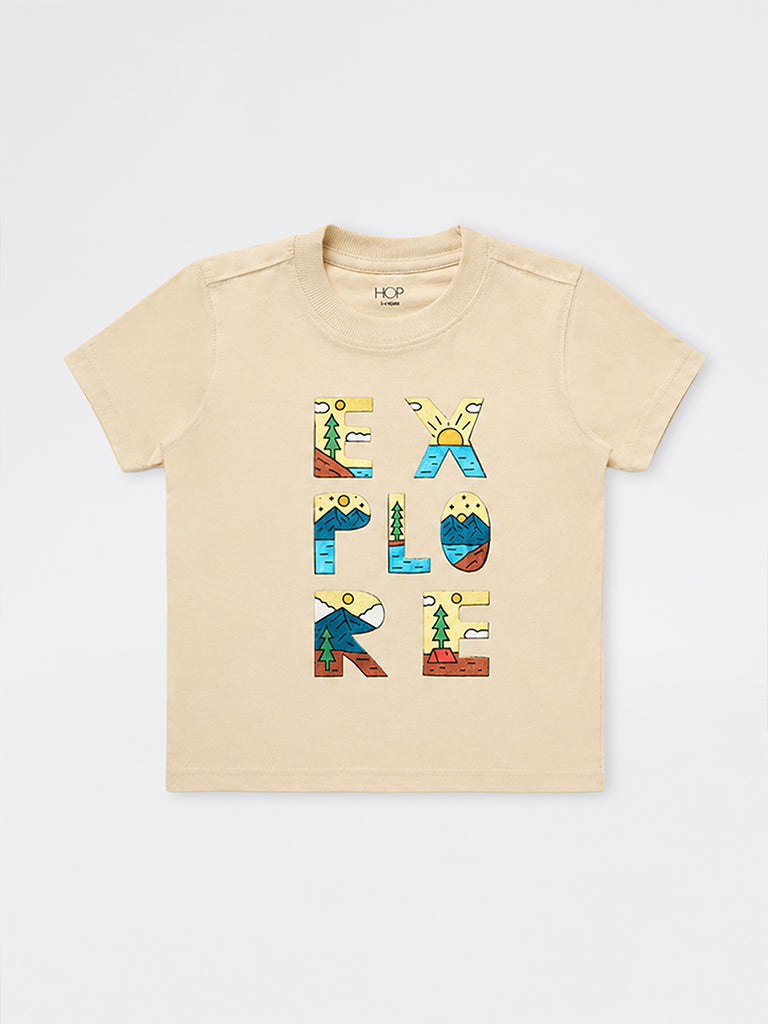 HOP Kids Boys Beige Typographic Cotton T-Shirt