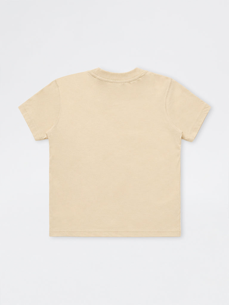 HOP Kids Boys Beige Typographic Cotton T-Shirt