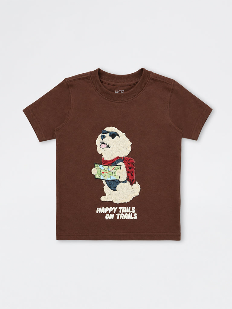 HOP Kids Boys Brown Animal Detailed Cotton T-Shirt