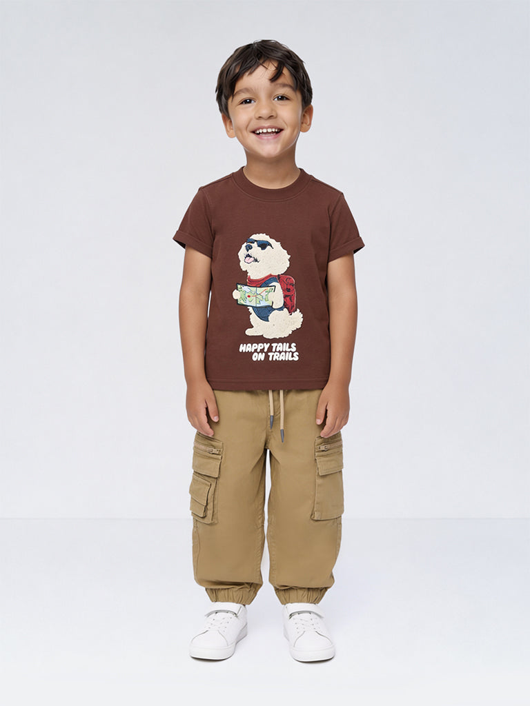 HOP Kids Boys Brown Animal Detailed Cotton T-Shirt