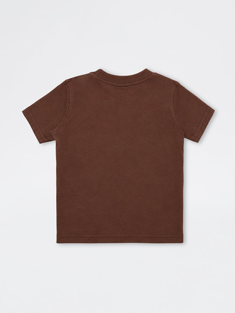HOP Kids Boys Brown Animal Detailed Cotton T-Shirt