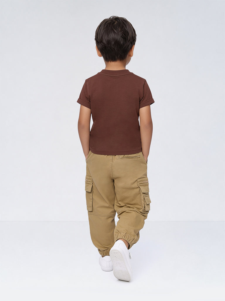 HOP Kids Boys Brown Animal Detailed Cotton T-Shirt