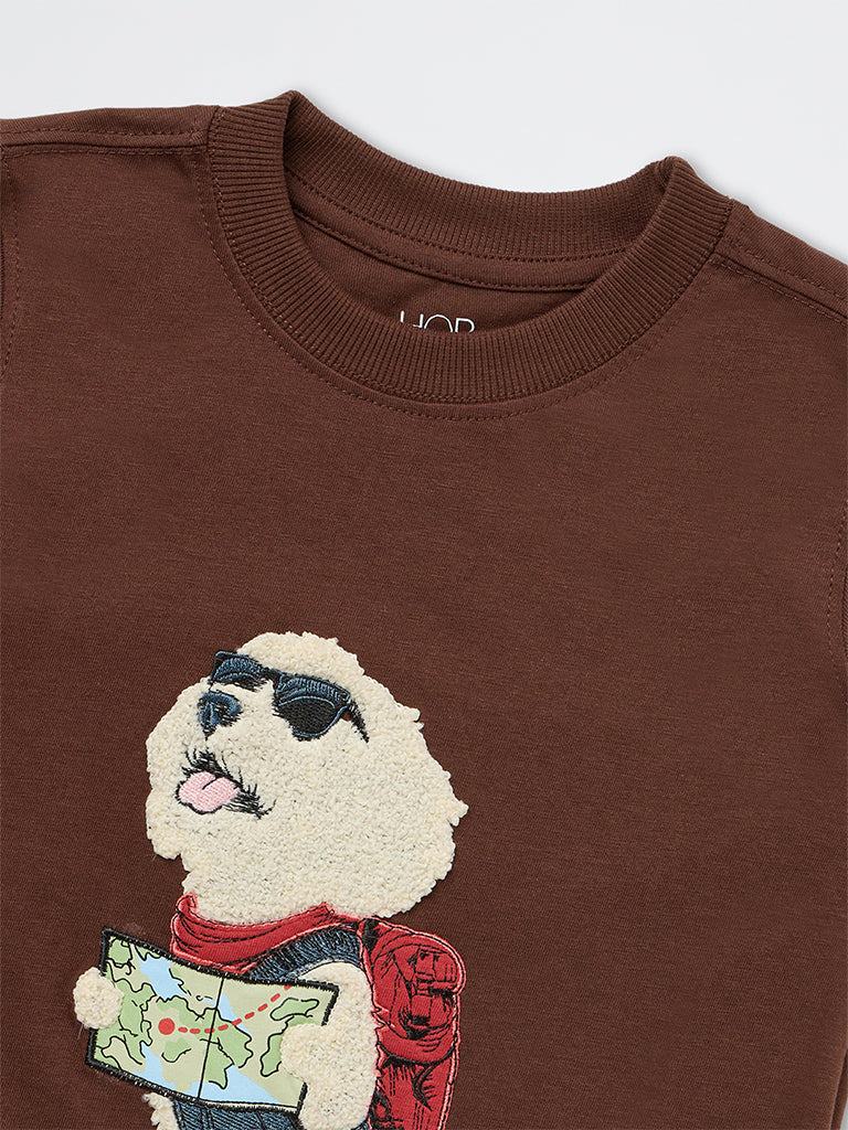 HOP Kids Boys Brown Animal Detailed Cotton T-Shirt