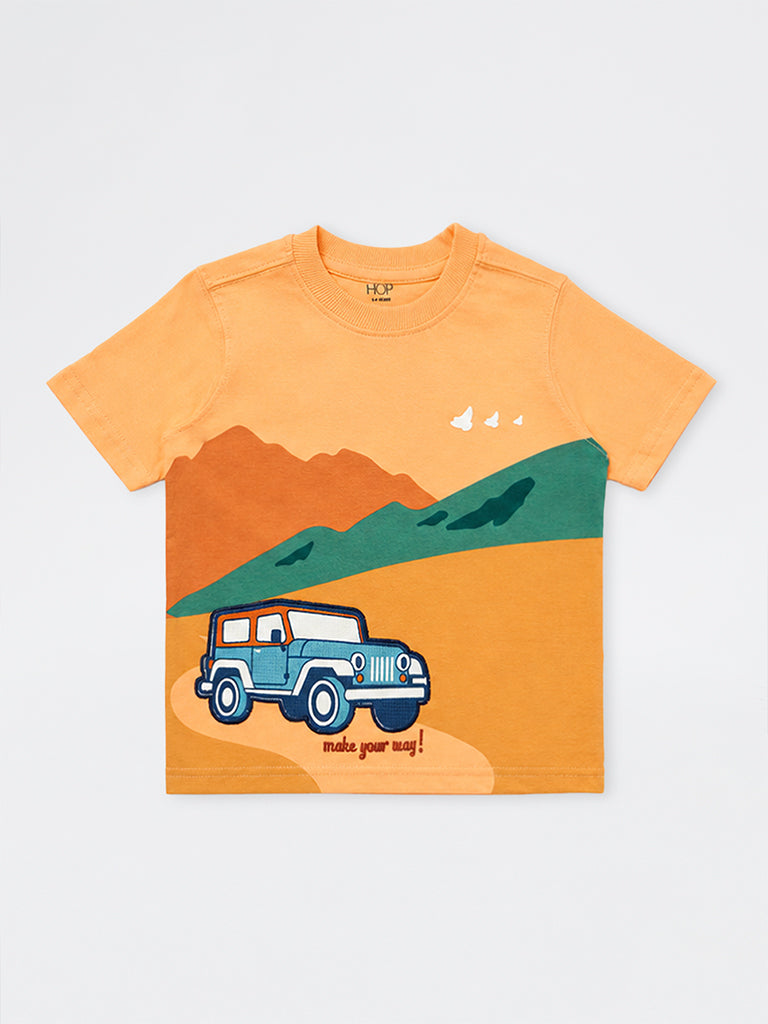 HOP Kids Boys Orange Graphic Printed Cotton T-Shirt
