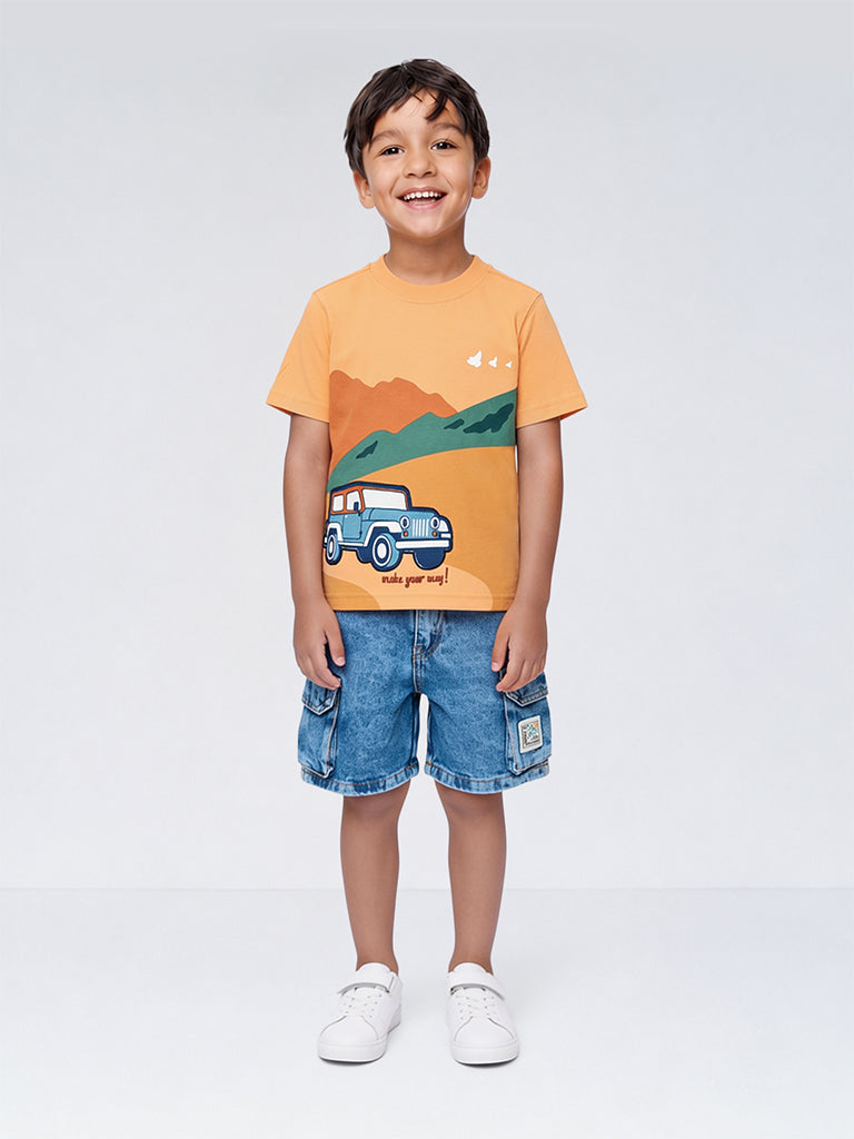 HOP Kids Boys Orange Graphic Printed Cotton T-Shirt