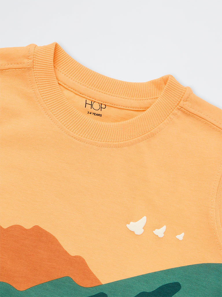 HOP Kids Boys Orange Graphic Printed Cotton T-Shirt