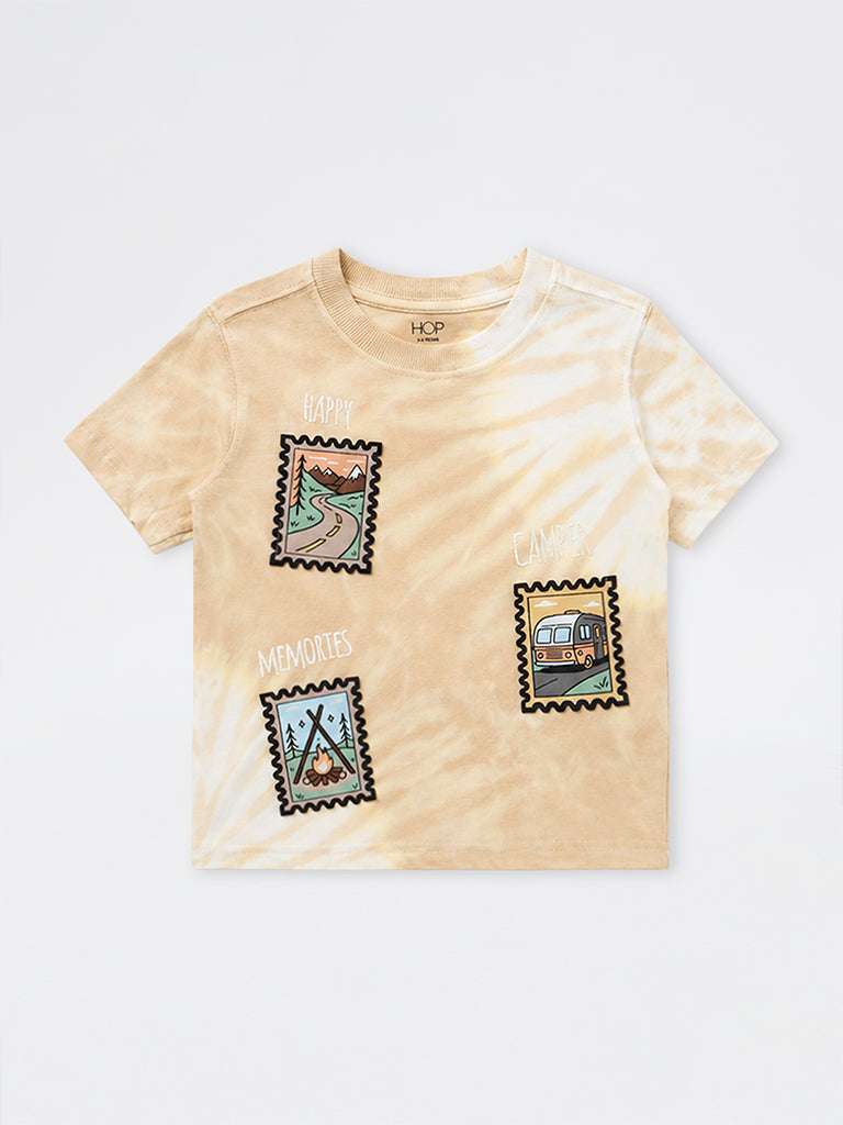 HOP Kids Boys Taupe Tie-Dye Design Cotton T-Shirt