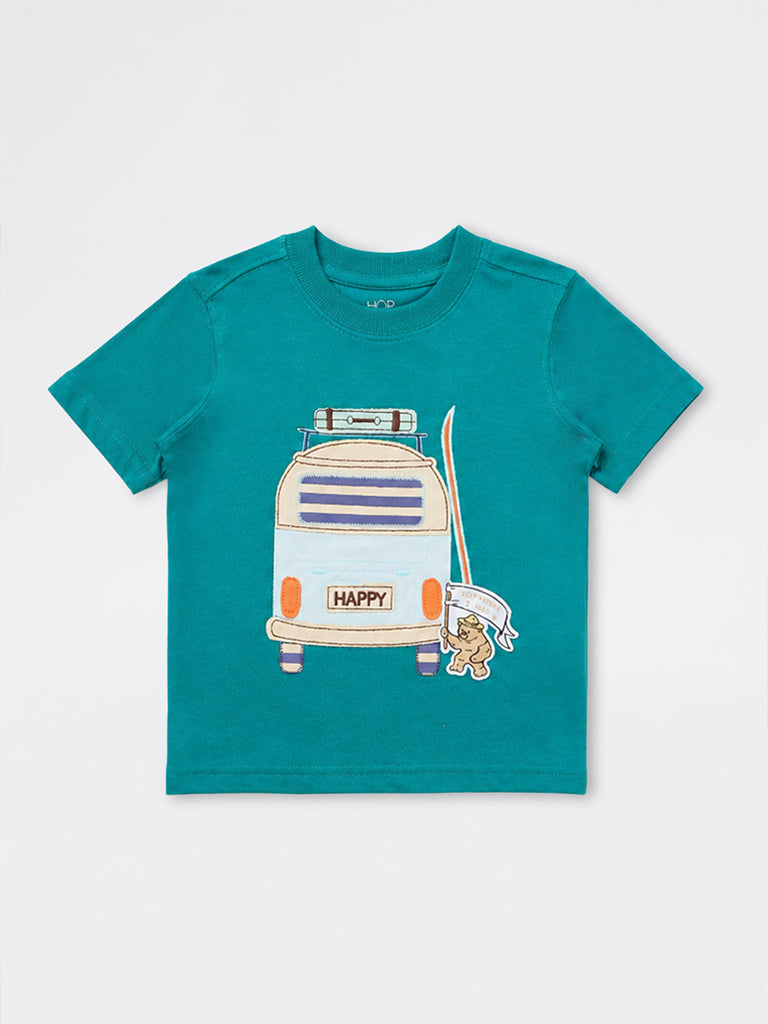HOP Kids Boys Teal Printed Cotton T-Shirt