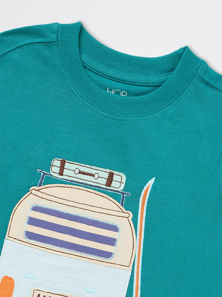 HOP Kids Boys Teal Printed Cotton T-Shirt