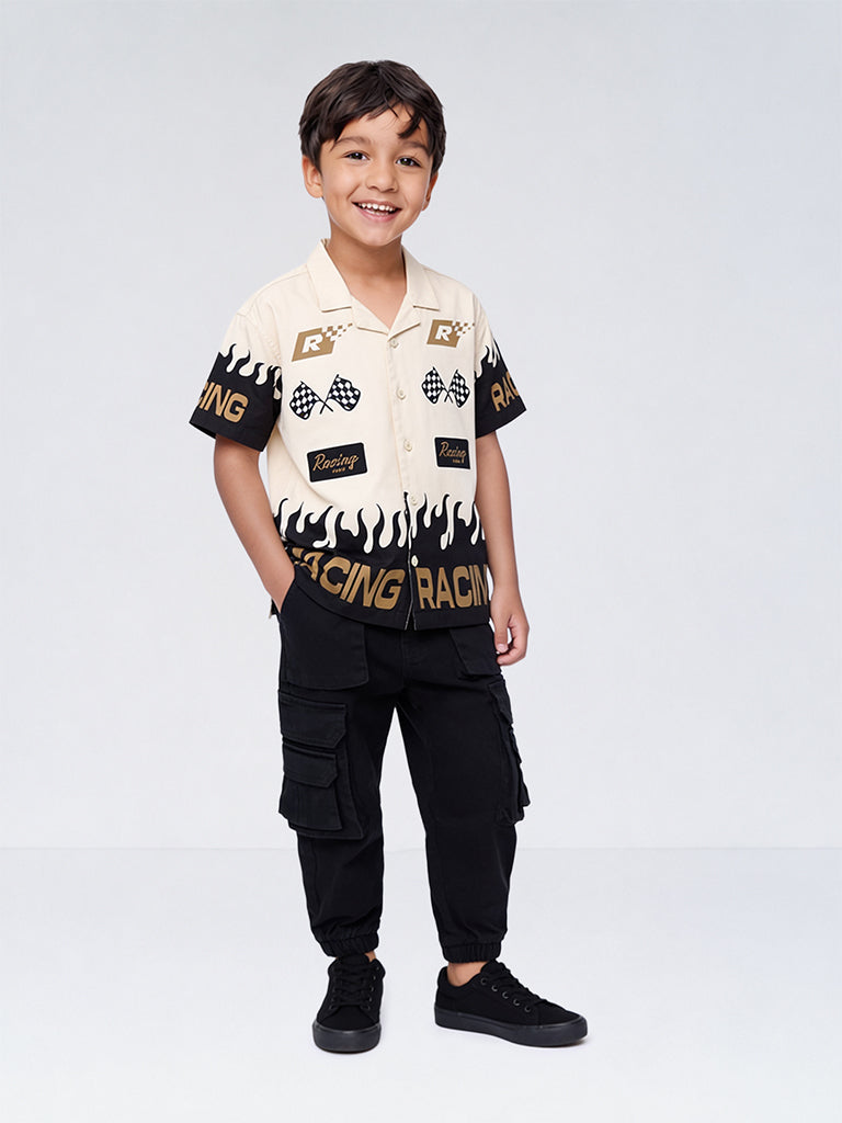 HOP Kids Boys Beige Race-Inspired Printed Shirt