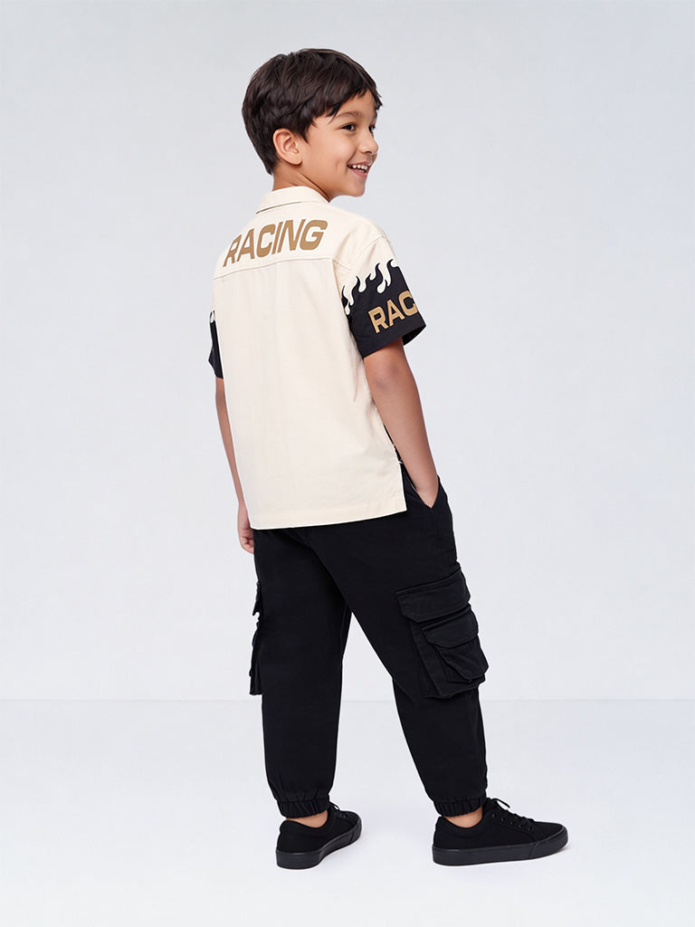 HOP Kids Boys Beige Race-Inspired Printed Shirt