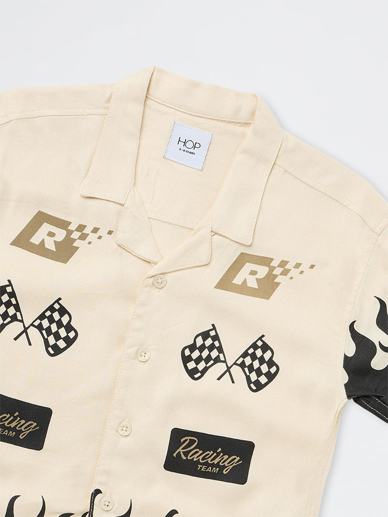 HOP Kids Boys Beige Race-Inspired Printed Shirt