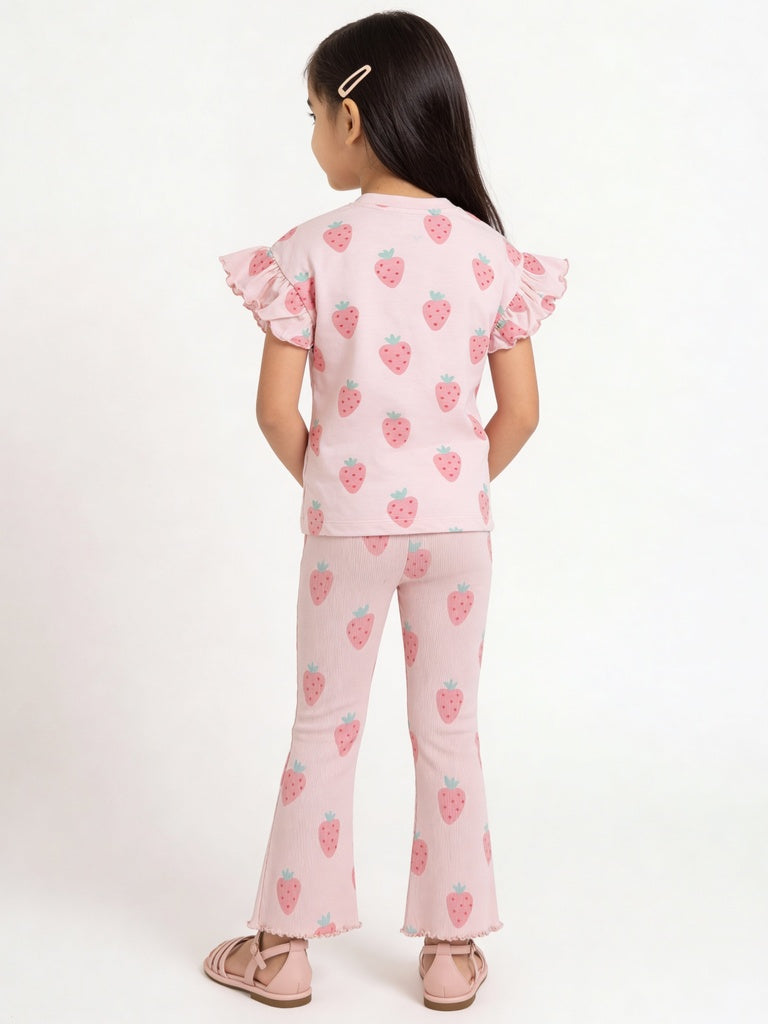 HOP Kids Girls Pink Printed Cotton T-Shirt and Pant Set