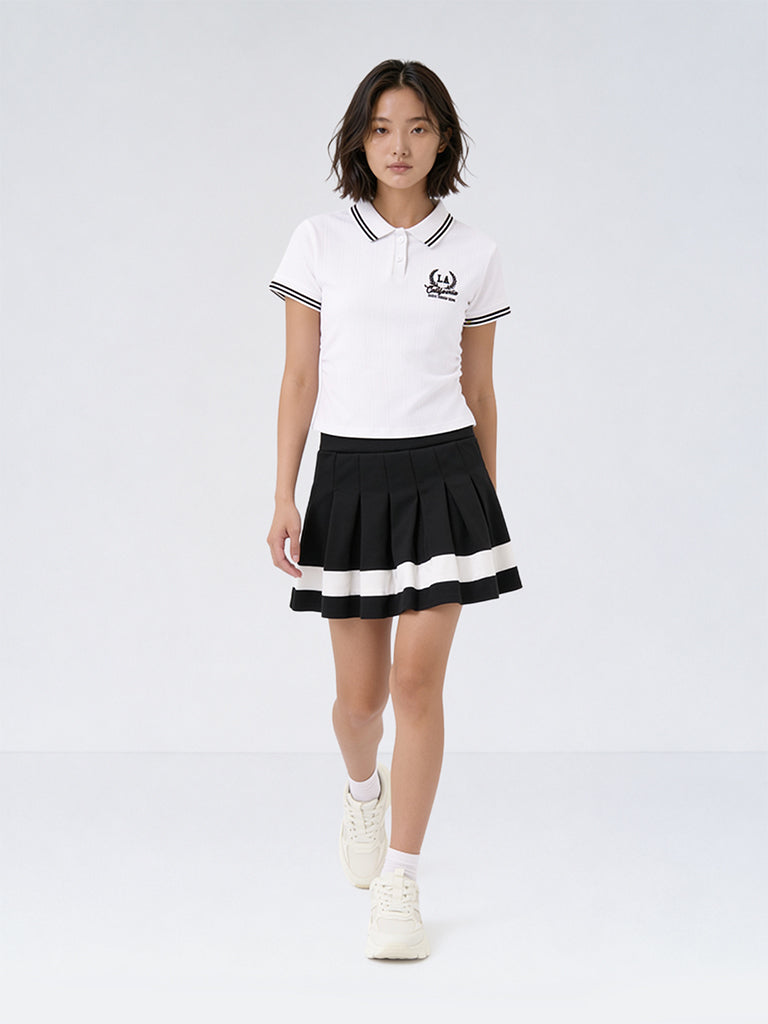 Girls White Text-Detail Cotton Polo T-Shirt and Skirt Set