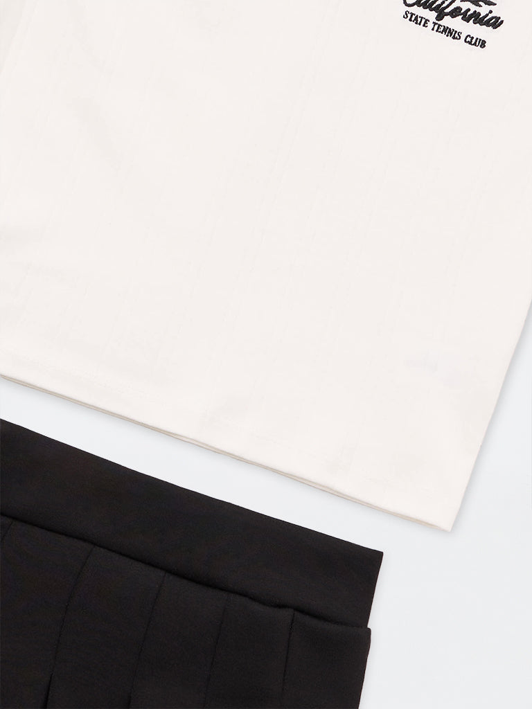 Girls White Text-Detail Cotton Polo T-Shirt and Skirt Set
