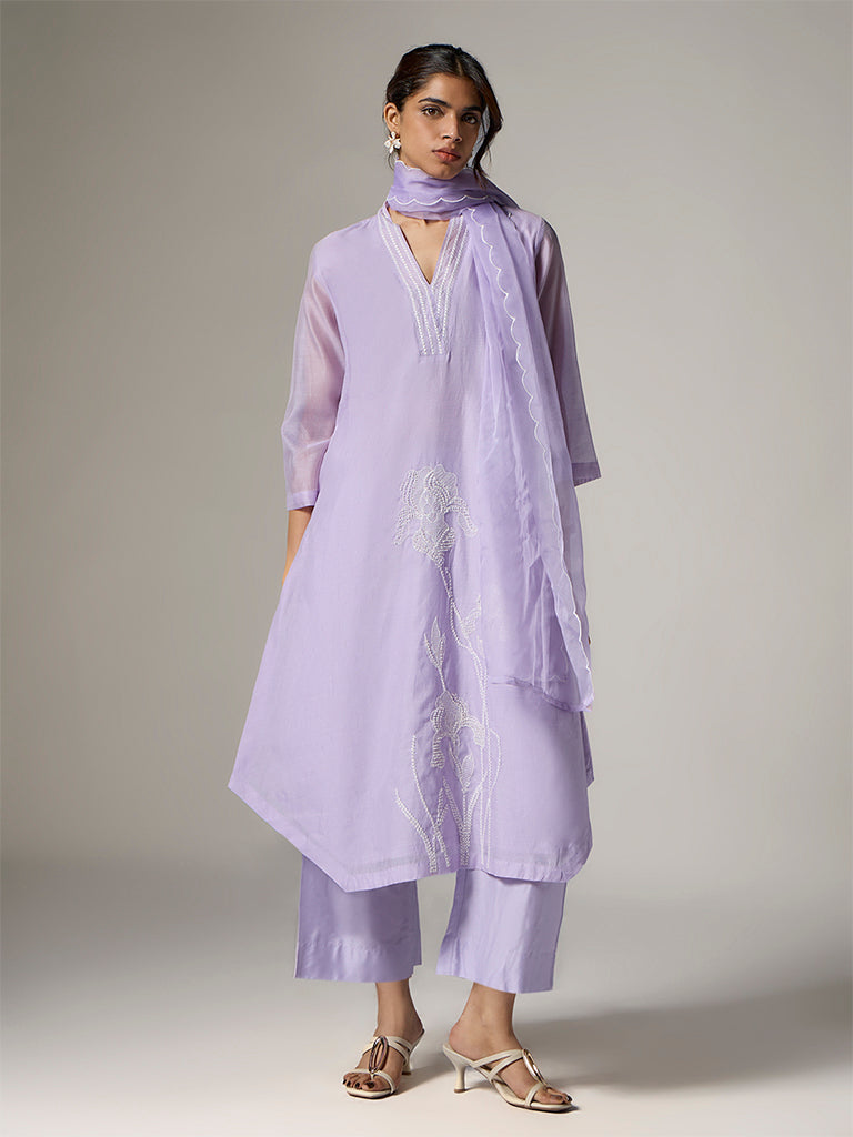 Vark Lilac Floral Embroidered A-Line Ethnic Set