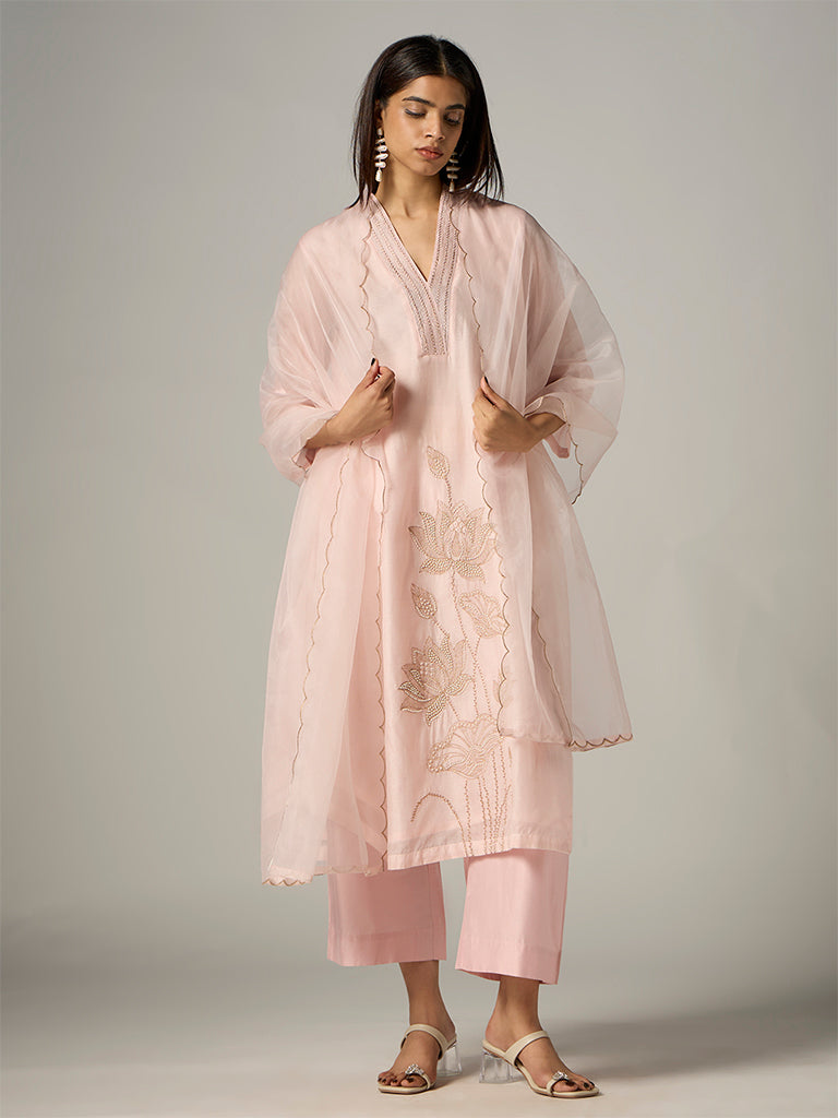 Vark Peach Floral Embroidered A-Line Ethnic Set