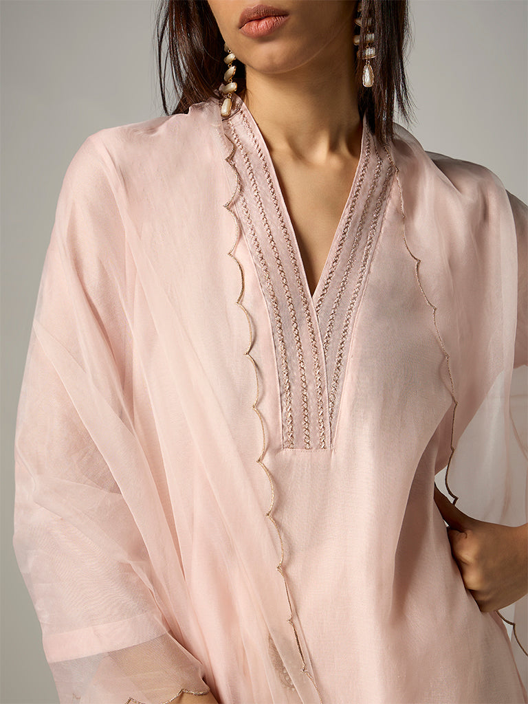 Vark Peach Floral Embroidered A-Line Ethnic Set