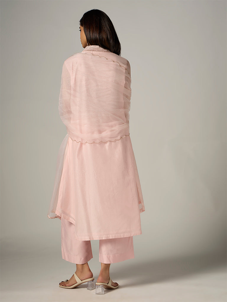 Vark Peach Floral Embroidered A-Line Ethnic Set