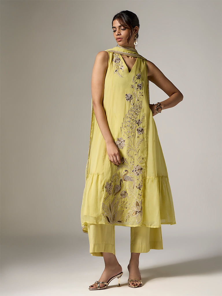 Vark Lime Embroidered A-Line Ethnic Set