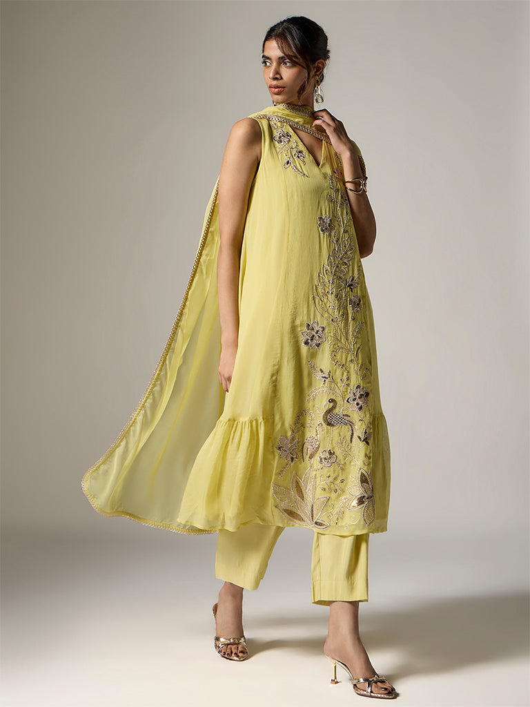 Vark Lime Embroidered A-Line Ethnic Set