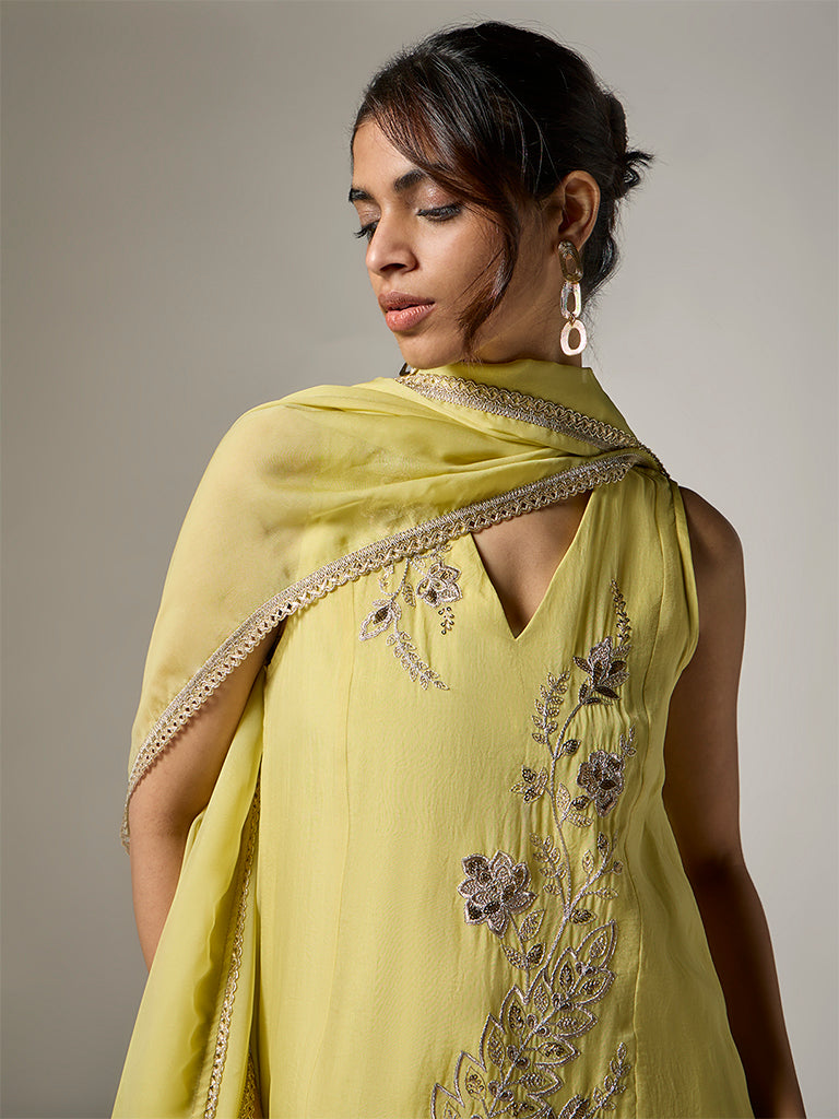 Vark Lime Embroidered A-Line Ethnic Set