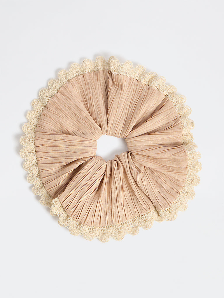 Westside Accessories Beige Frill Lace-Detail Scrunchie