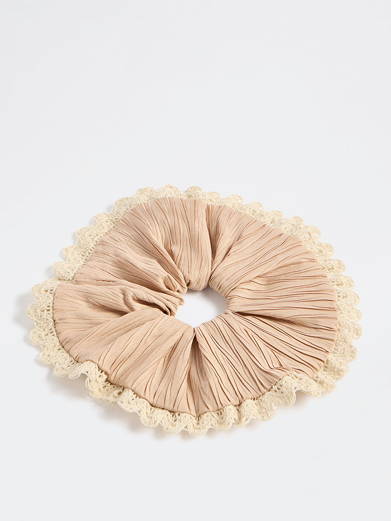 Westside Accessories Beige Frill Lace-Detail Scrunchie