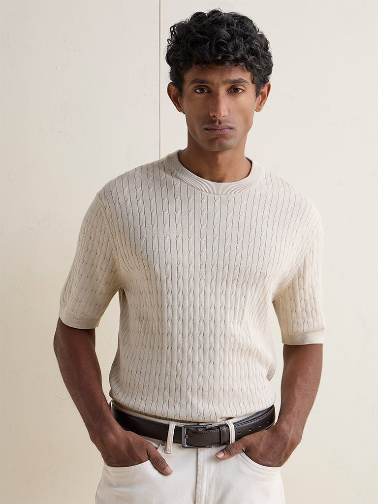 Ascot Beige Cable-Knit Textured Relaxed-Fit T-Shirt