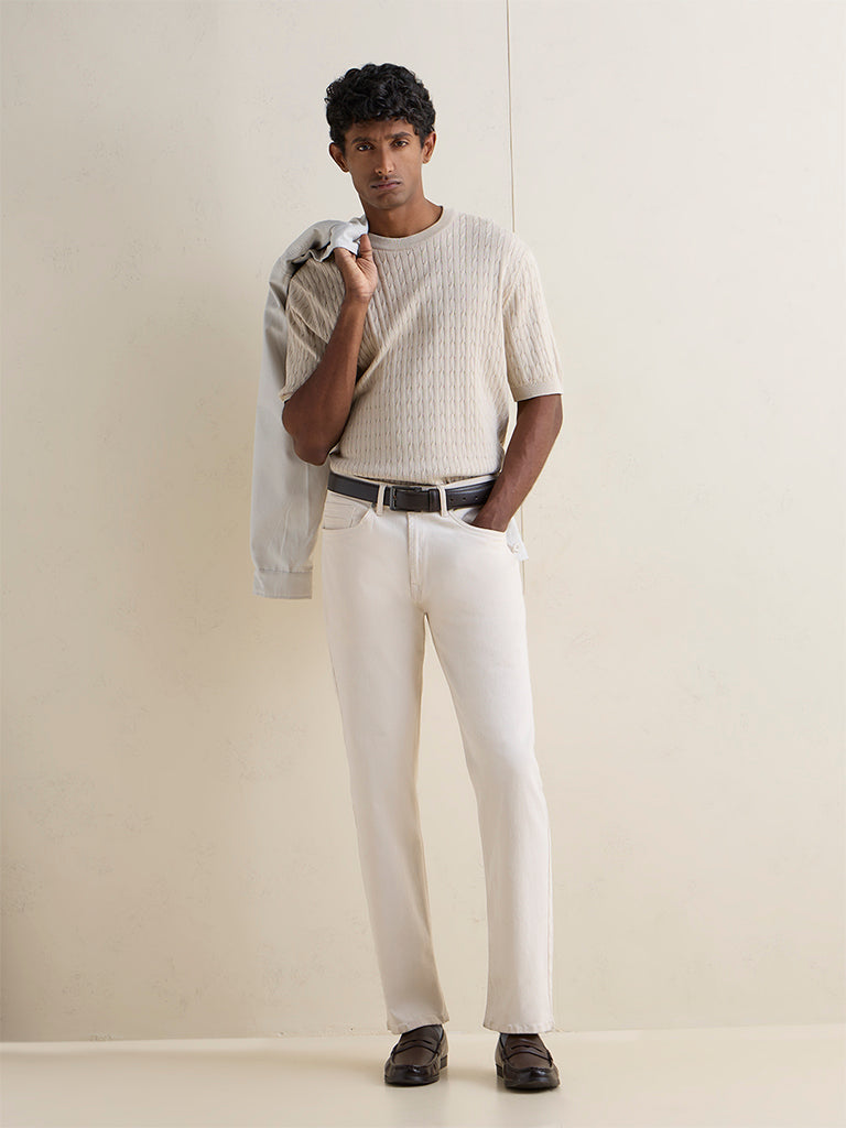 Ascot Beige Cable-Knit Textured Relaxed-Fit T-Shirt