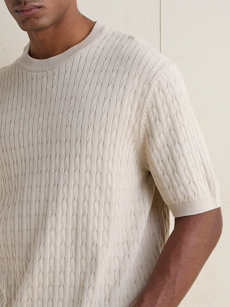 Ascot Beige Cable-Knit Textured Relaxed-Fit T-Shirt