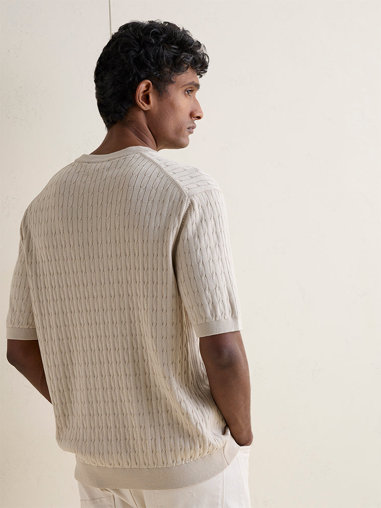 Ascot Beige Cable-Knit Textured Relaxed-Fit T-Shirt