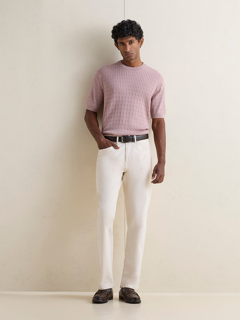 Ascot Dusty Pink Cable-Knit Textured Relaxed-Fit T-Shirt