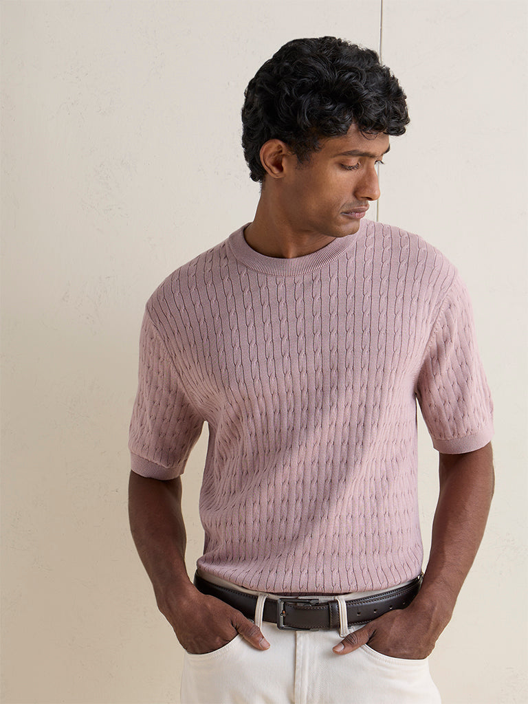 Ascot Dusty Pink Cable-Knit Textured Relaxed-Fit T-Shirt