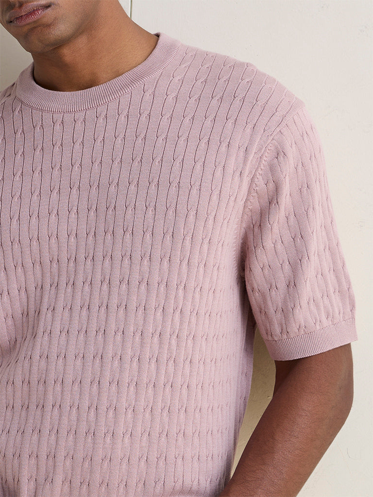 Ascot Dusty Pink Cable-Knit Textured Relaxed-Fit T-Shirt