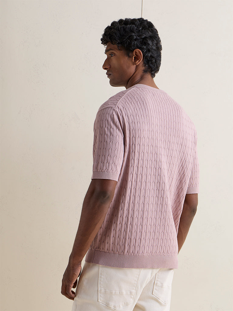 Ascot Dusty Pink Cable-Knit Textured Relaxed-Fit T-Shirt