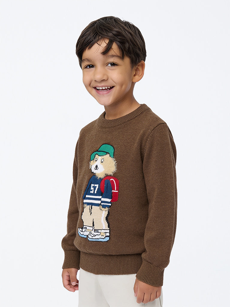 HOP Kids Boys Brown Animal-Design Cotton-Blend Sweater