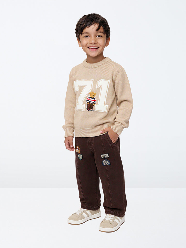 HOP Kids Boys Taupe Numerical Design Knitted Sweater