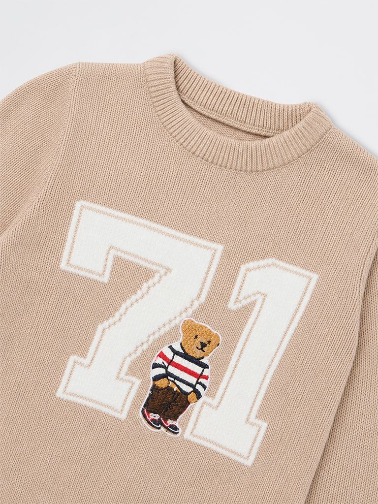 HOP Kids Boys Taupe Numerical Design Knitted Sweater