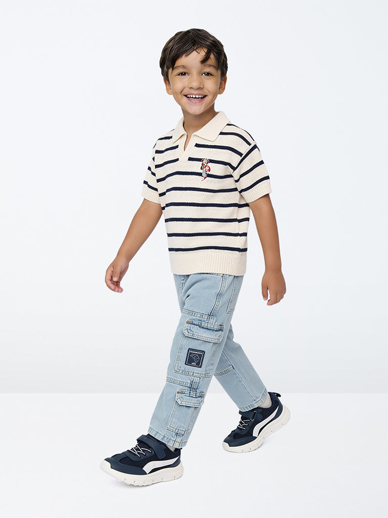 HOP Kids Boys Off-White Striped Knitted Cotton-Blend T-Shirt