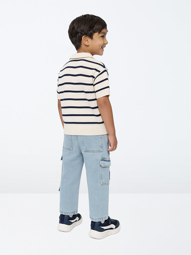 HOP Kids Boys Off-White Striped Knitted Cotton-Blend T-Shirt