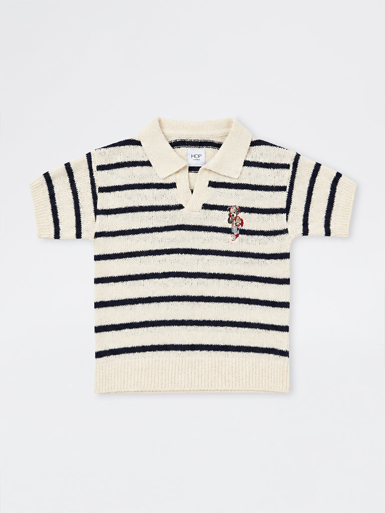 HOP Kids Boys Off-White Striped Knitted Cotton-Blend T-Shirt