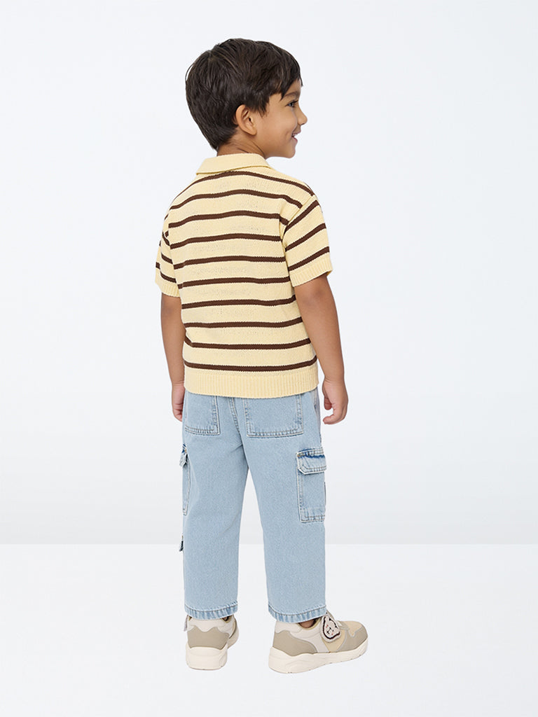 HOP Kids Boys Yellow Striped Knitted Cotton-Blend T-Shirt